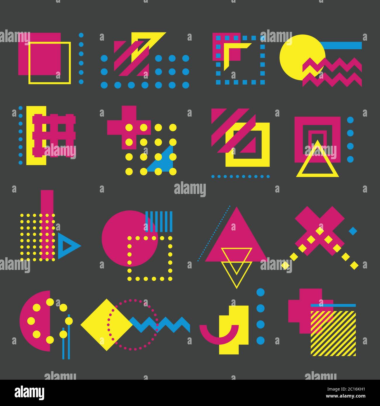 Vector, colored, decorative geometric shapes and elements, in basic CMYK colors on a dark gray background. Stock Vector