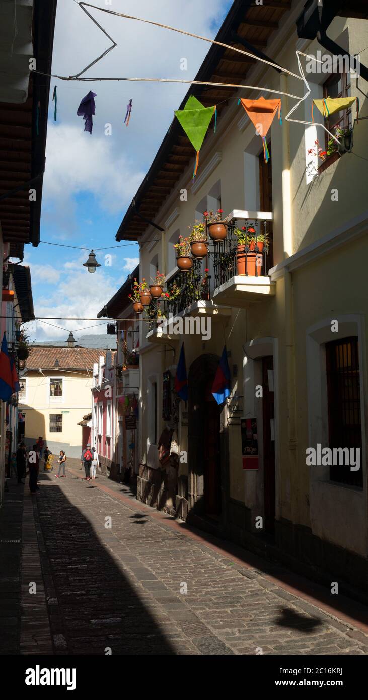 Quito, Pichincha / Ecuador - June 22 2019: People walking in the traditional street of Ronda in the historical center of Quito. The historic center wa Stock Photo