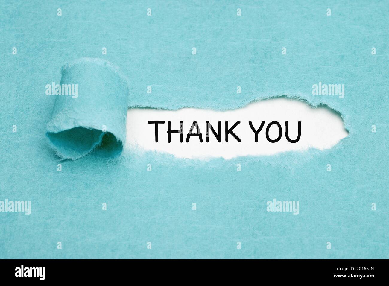 Handwritten text Thank You appearing behind ripped blue paper. Appreciation, gratefulness, or thankfulness concept. Stock Photo