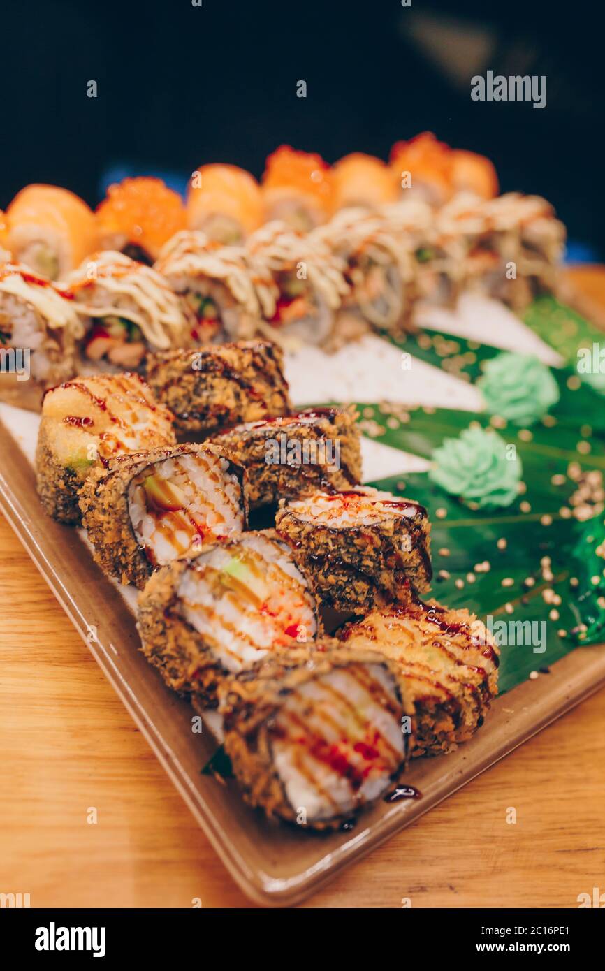 Large set of Sushi Rolls Warm Ebi Sake Unagi Spring. A lot assortment ...
