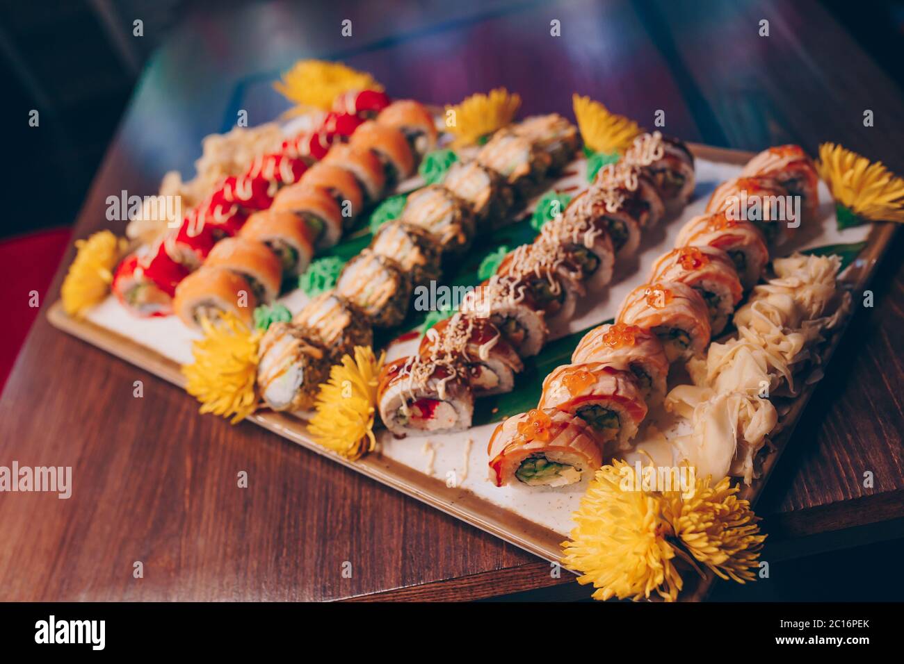 Large set of Sushi Rolls Warm Ebi Sake Unagi Spring. A lot assortment ...