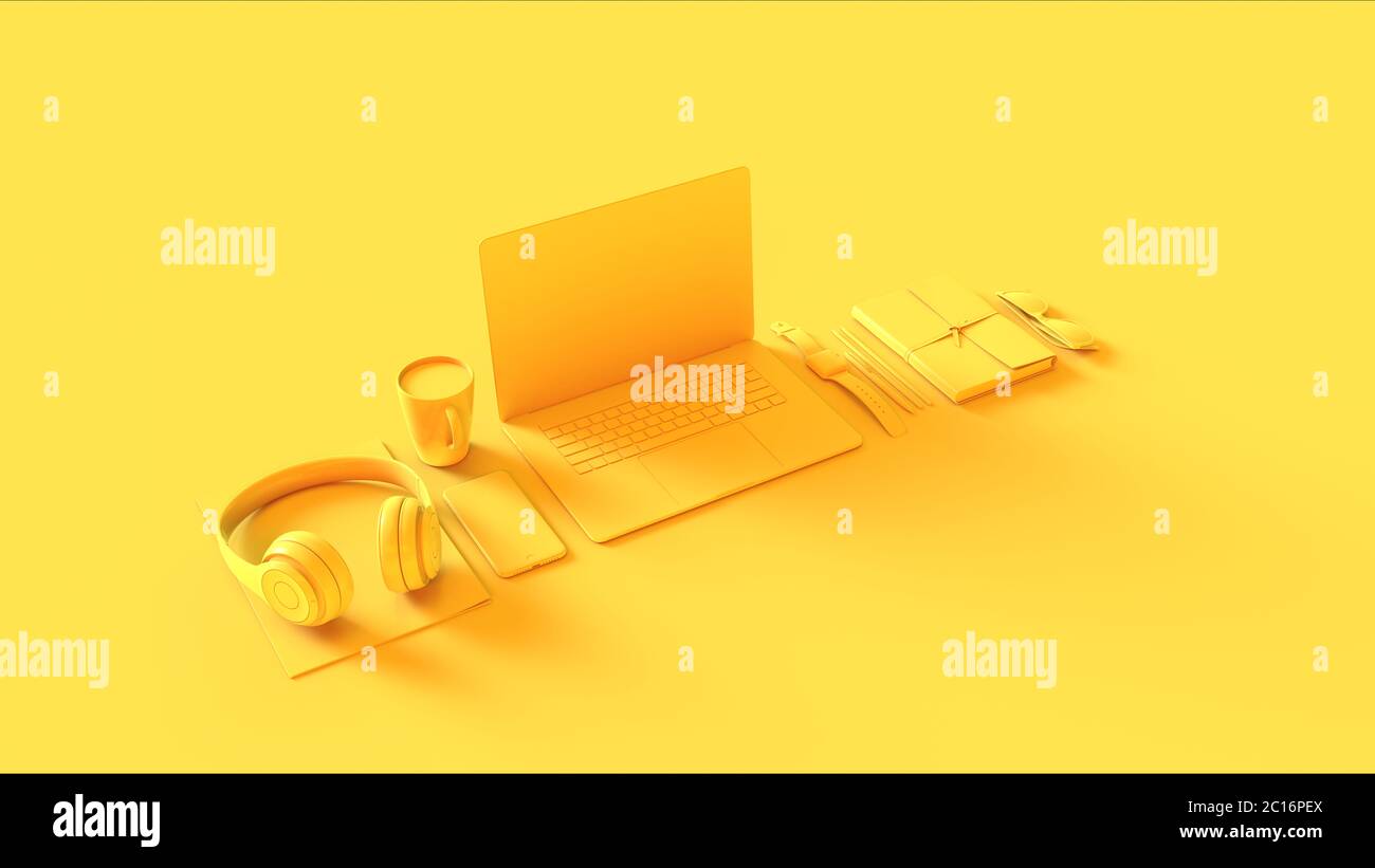 Yellow Contemporary Hot Desk Office Setup with Laptop Mobile Phone Headphones Notepad Sunglasses 3d illustration 3d render Stock Photo