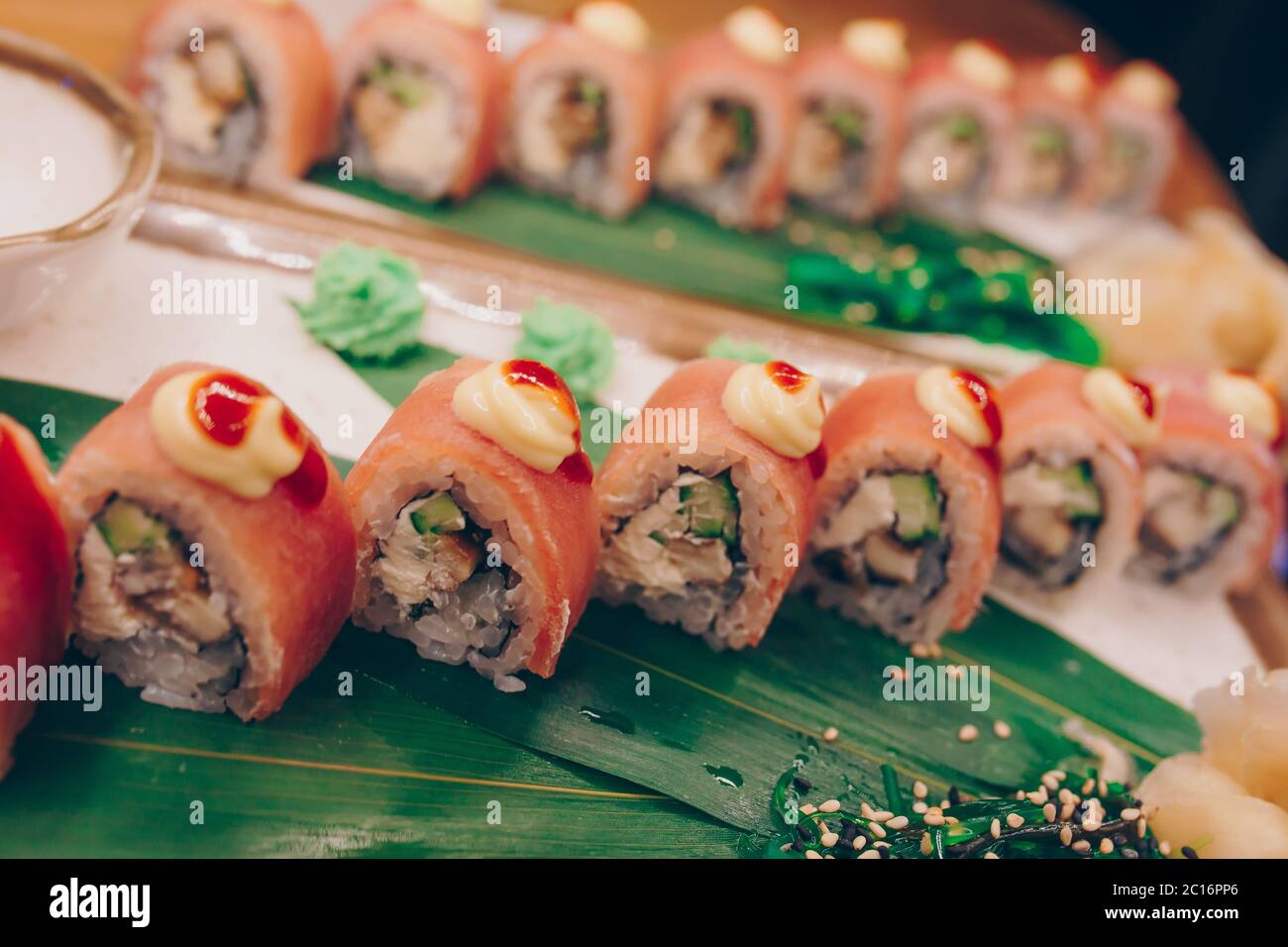 Large set of Sushi Rolls Warm Ebi Sake Unagi Spring. A lot assortment ...