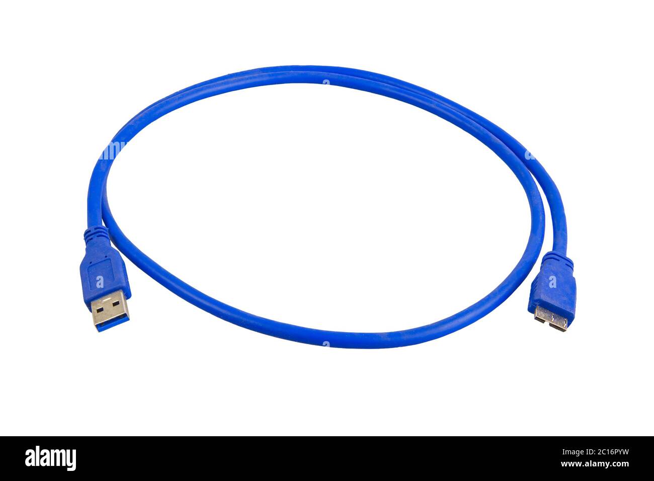 Blue cable usb 3 to micro usb 3 on a white background Stock Photo
