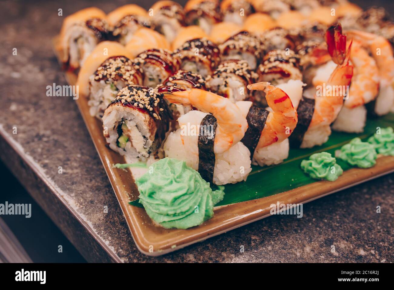 Large set of Sushi Rolls Warm Ebi Sake Unagi Spring. A lot assortment ...