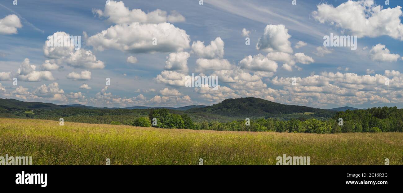 landscape with blue sky and clouds - panorama of rural countryside with ...