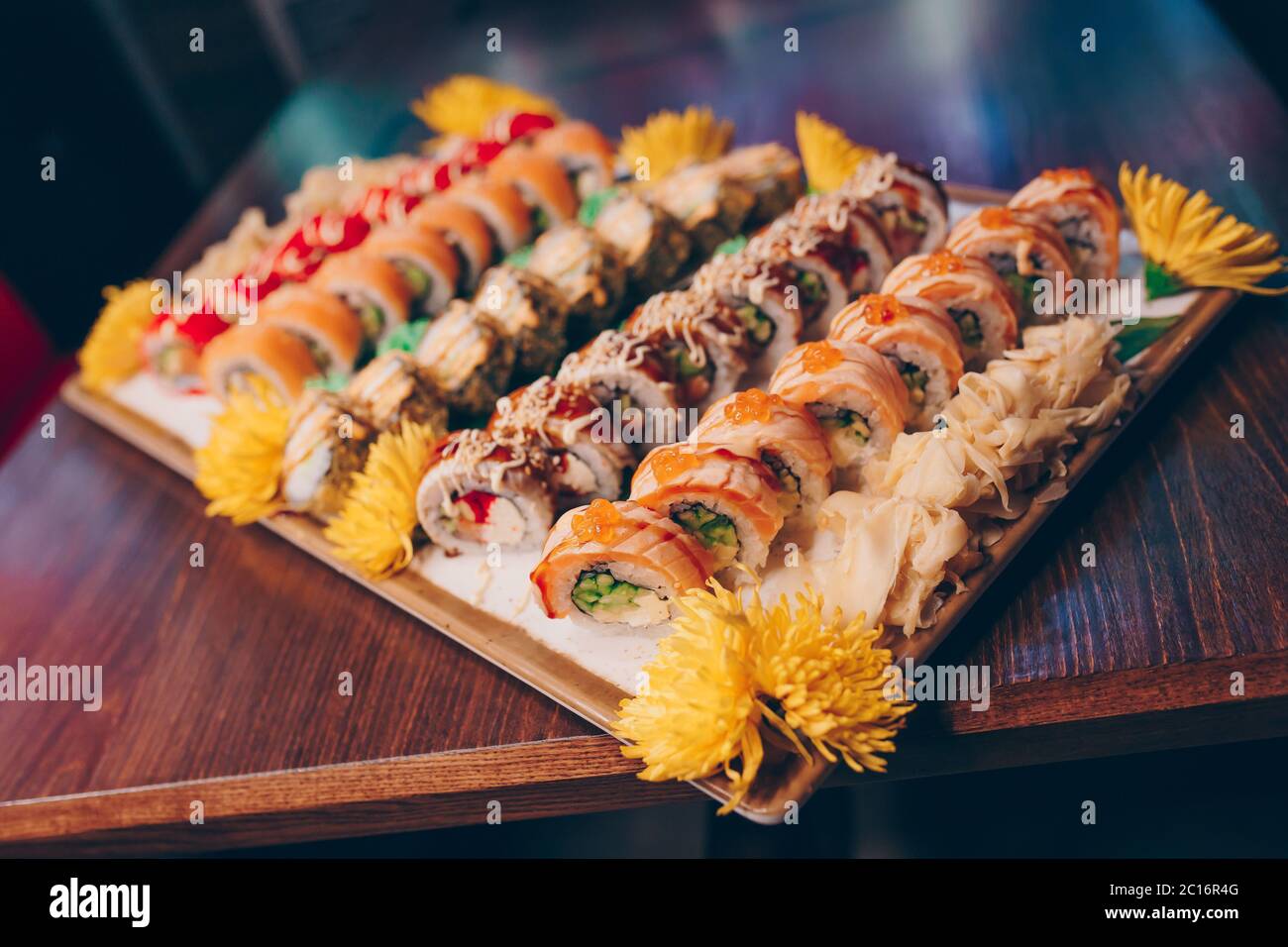 Large set of Sushi Rolls Warm Ebi Sake Unagi Spring. A lot assortment ...
