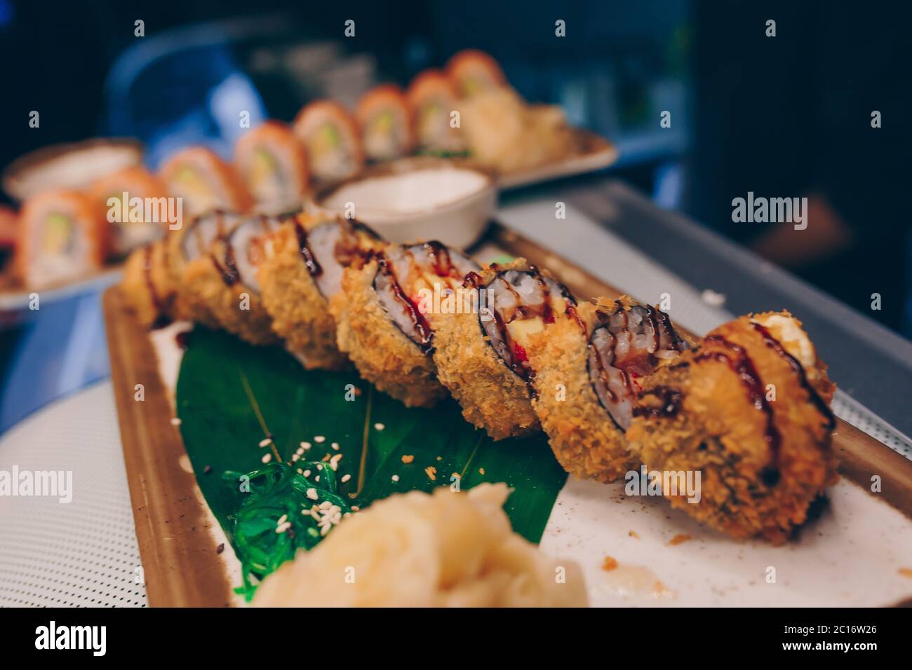 Large set of Sushi Rolls Warm Ebi Sake Unagi Spring. A lot assortment ...