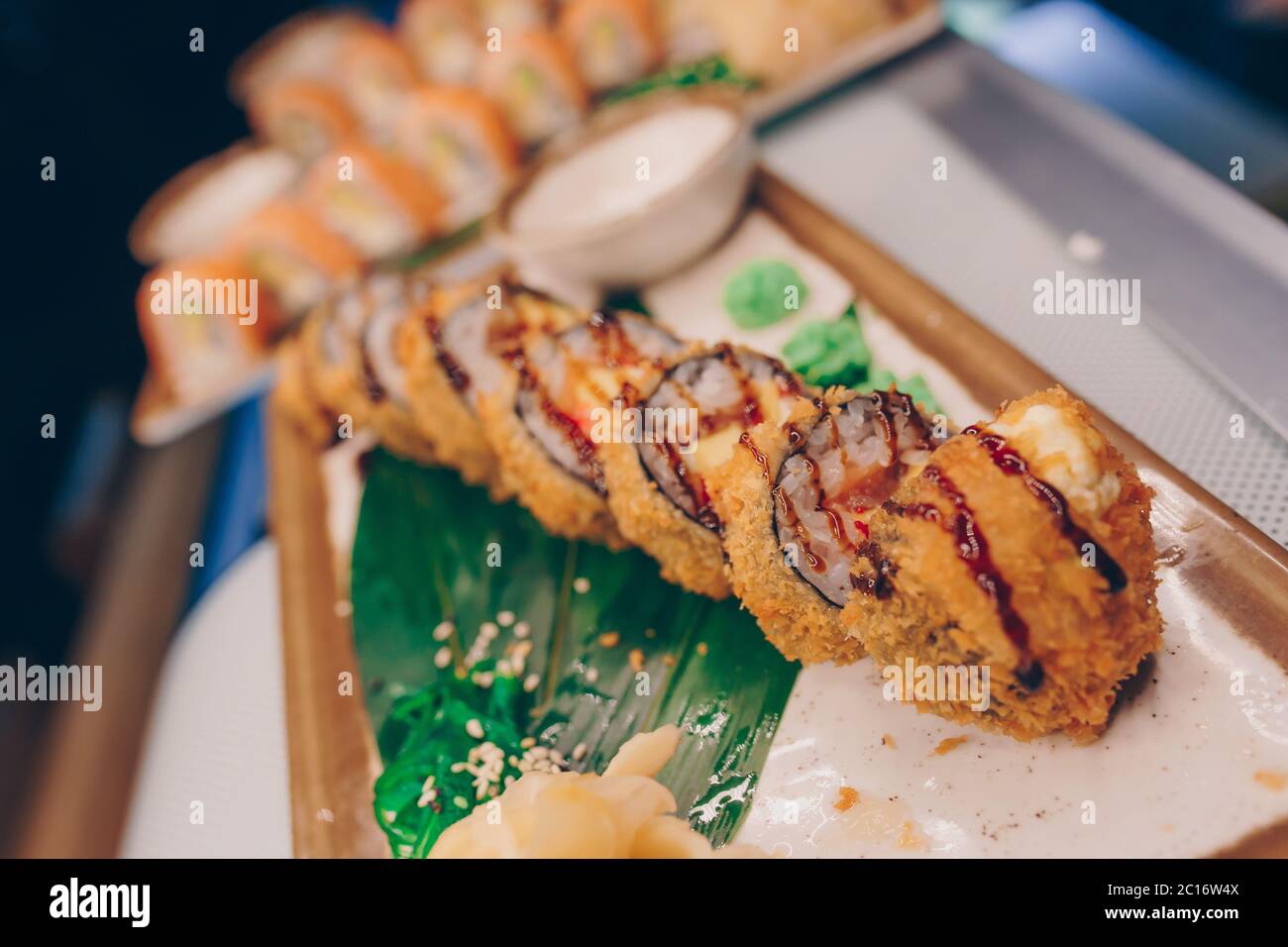 Large set of Sushi Rolls Warm Ebi Sake Unagi Spring. A lot assortment ...