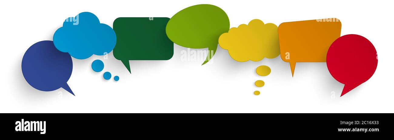illustration of seven colored speech bubbles with shadow looking like ...