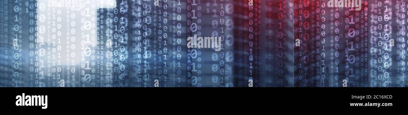Binary computer code virtual city skyline. Matrix Mixed Media Background. Stock Photo