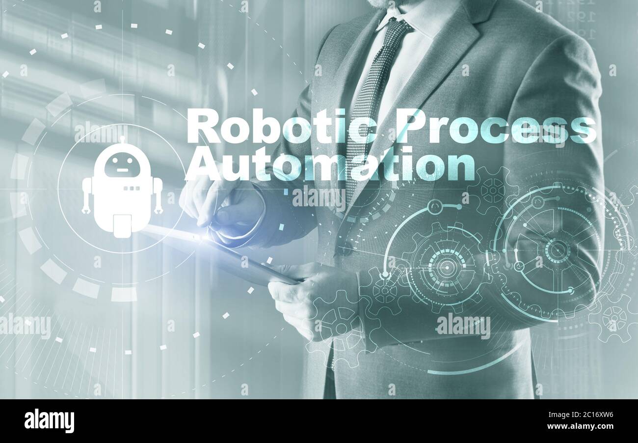 RPA Robotic Process Automation. Ai algorithm analyze Business. Stock Photo