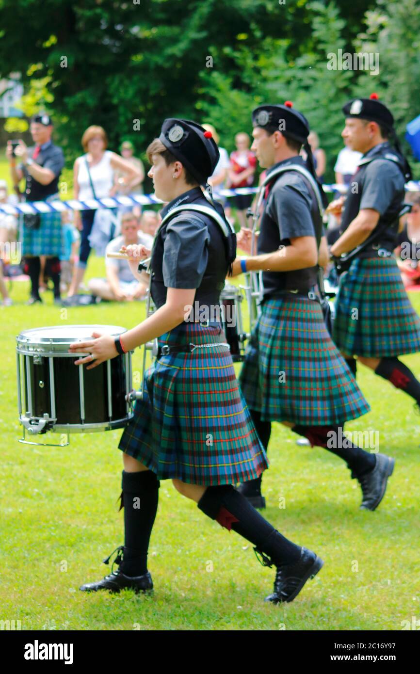 Dudelsackspieler und Trommler bei den Highland Games im Angelbachtal 2018 Stock Photo