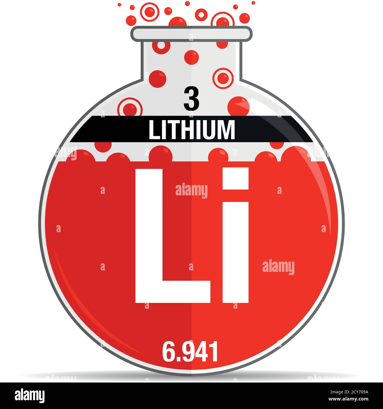 Lithium symbol on chemical round flask. Element number 3 of the Periodic Table of the Elements - Chemistry. Vector image Stock Vector