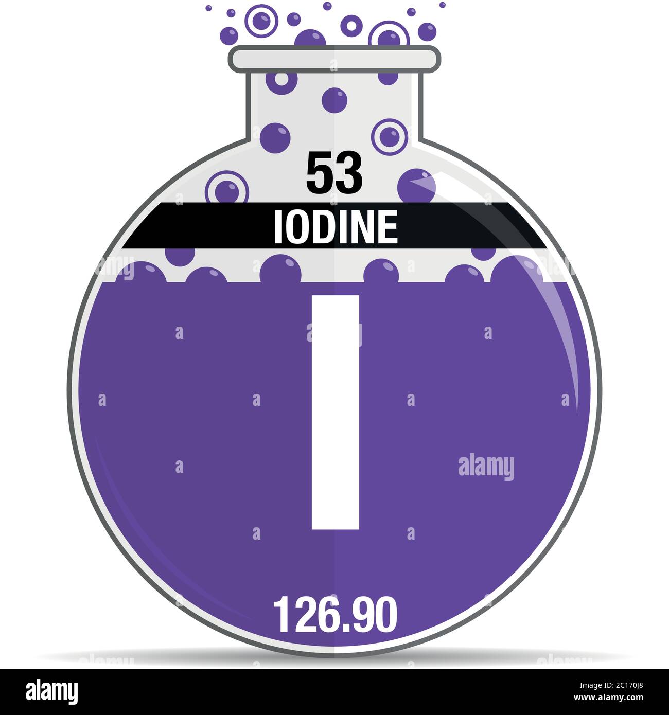 Iodine symbol on chemical round flask. Element number 53 of the Periodic Table of the Elements - Chemistry. Vector image Stock Vector