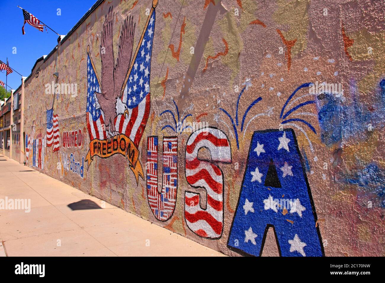 American patriotism murals painted on the wall of a military surplus