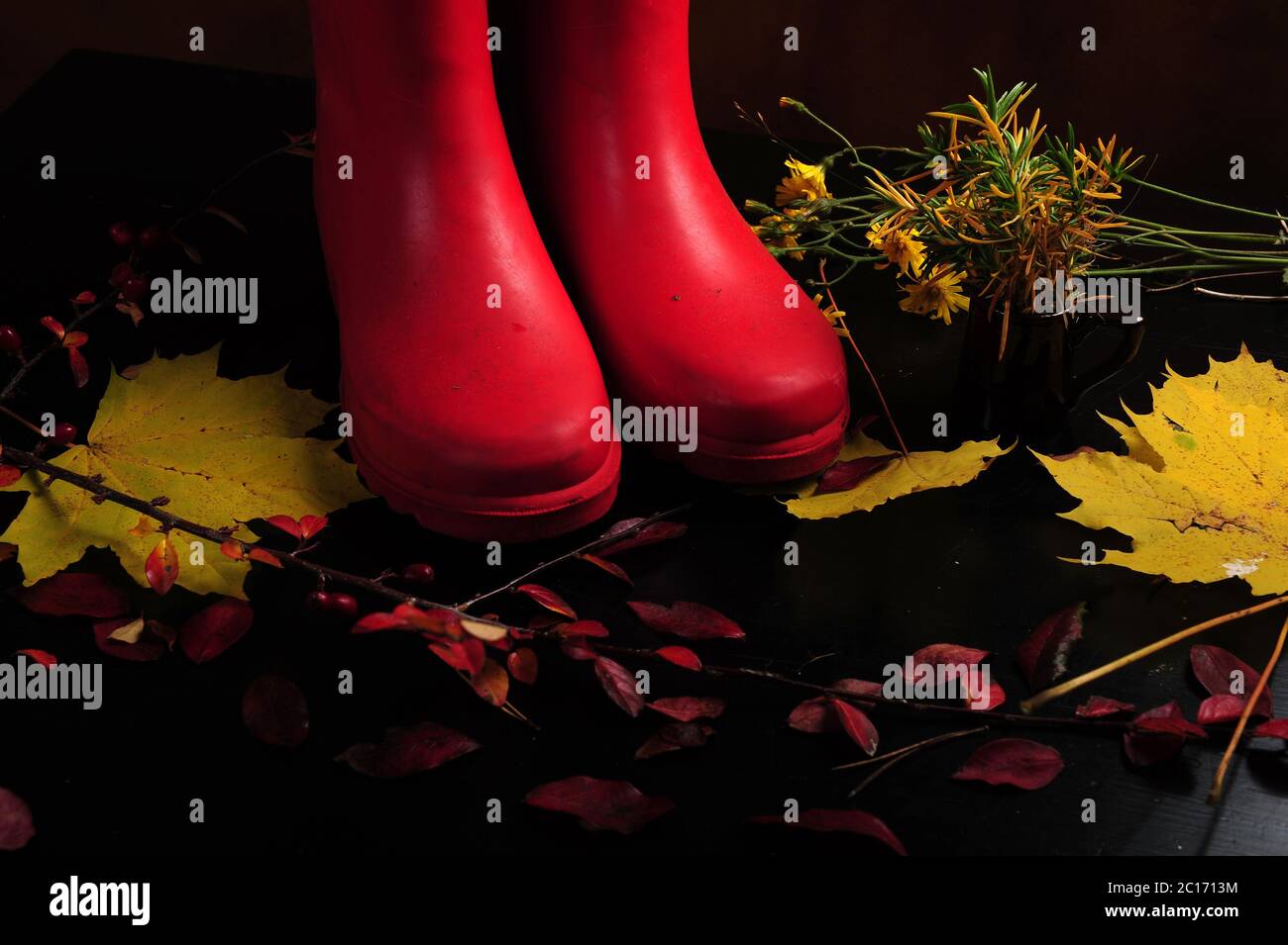 Tip of red rubber rain boots standing on fall foliage and faded leaves ...