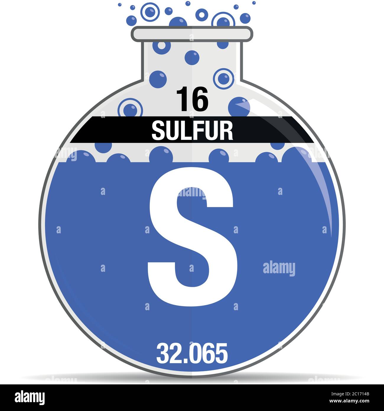 Sulfur symbol on chemical round flask. Element number 16 of the