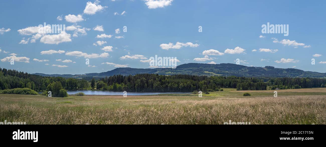landscape with blue sky and clouds - panorama of rural countryside with ...