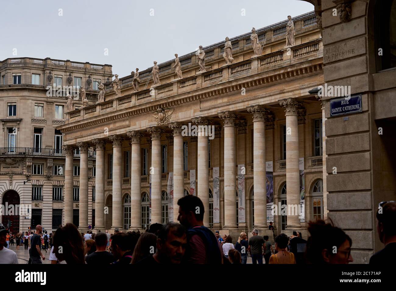 A view from the corner of Rue Sainte Catherine towards the Grand Theatre de Bordeaux in Place de la comedie in Bordeaux city centre Stock Photo