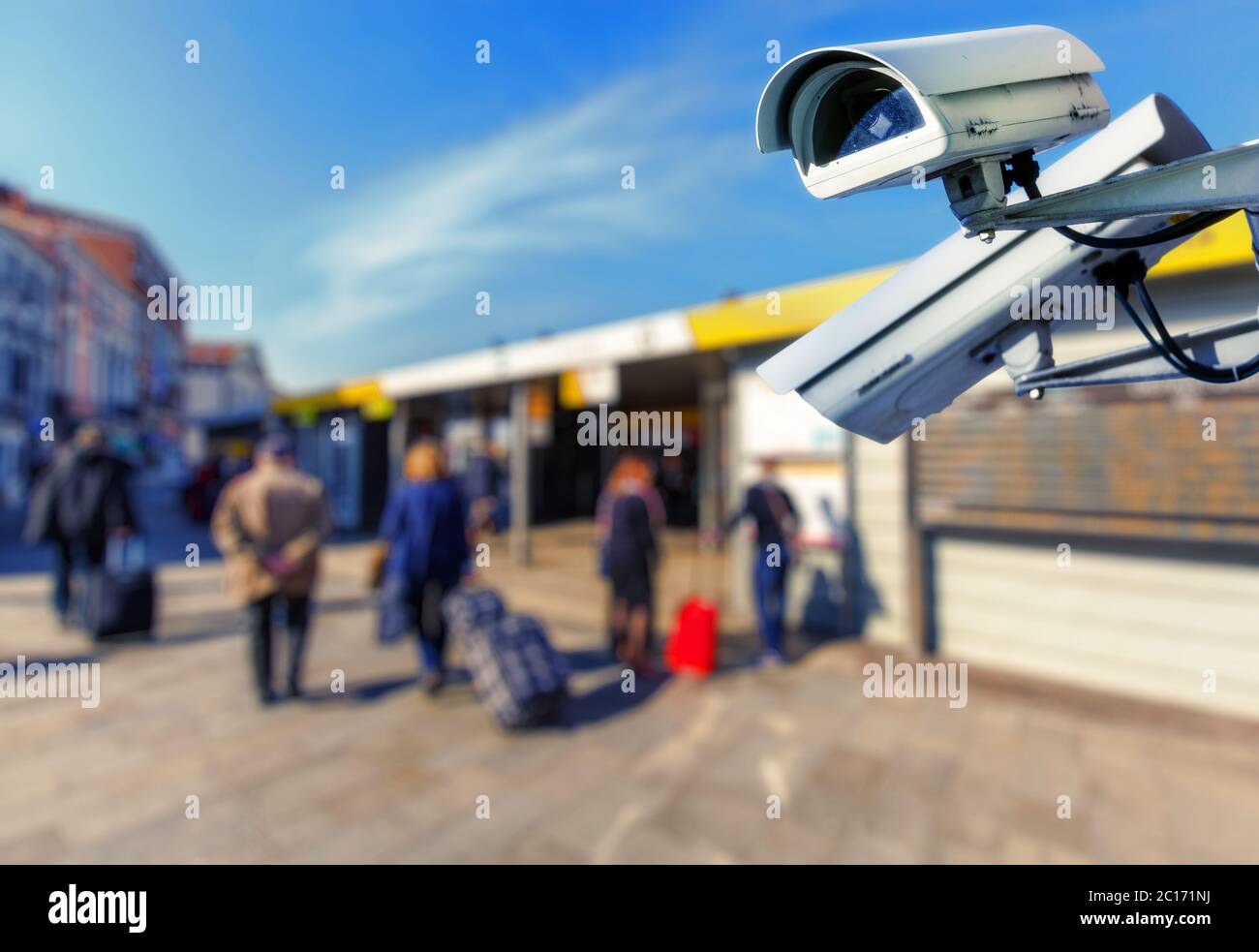 security CCTV camera with boat station on blurry background Stock Photo