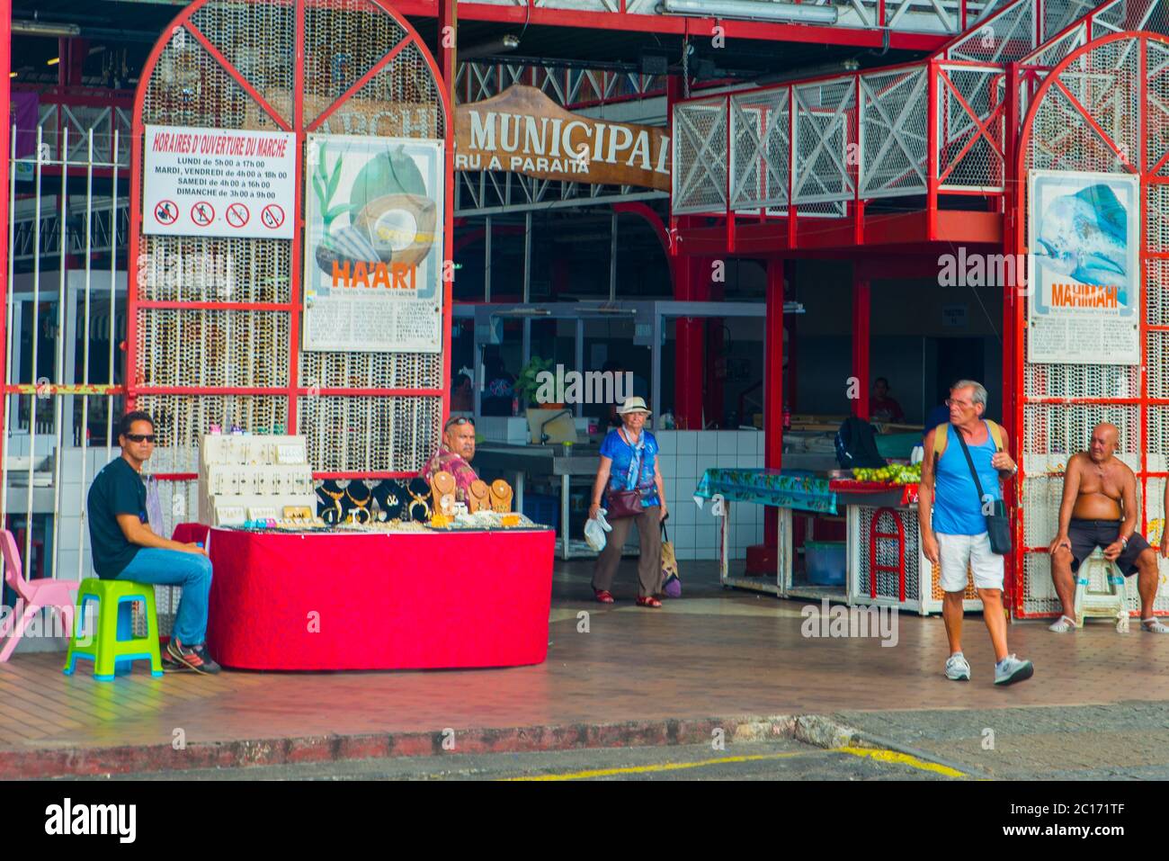 View of the landmark market de Papeete, a large covered public market selling local souvenirs, crafts and food in downtown Papeete, Tahiti, Stock Photo