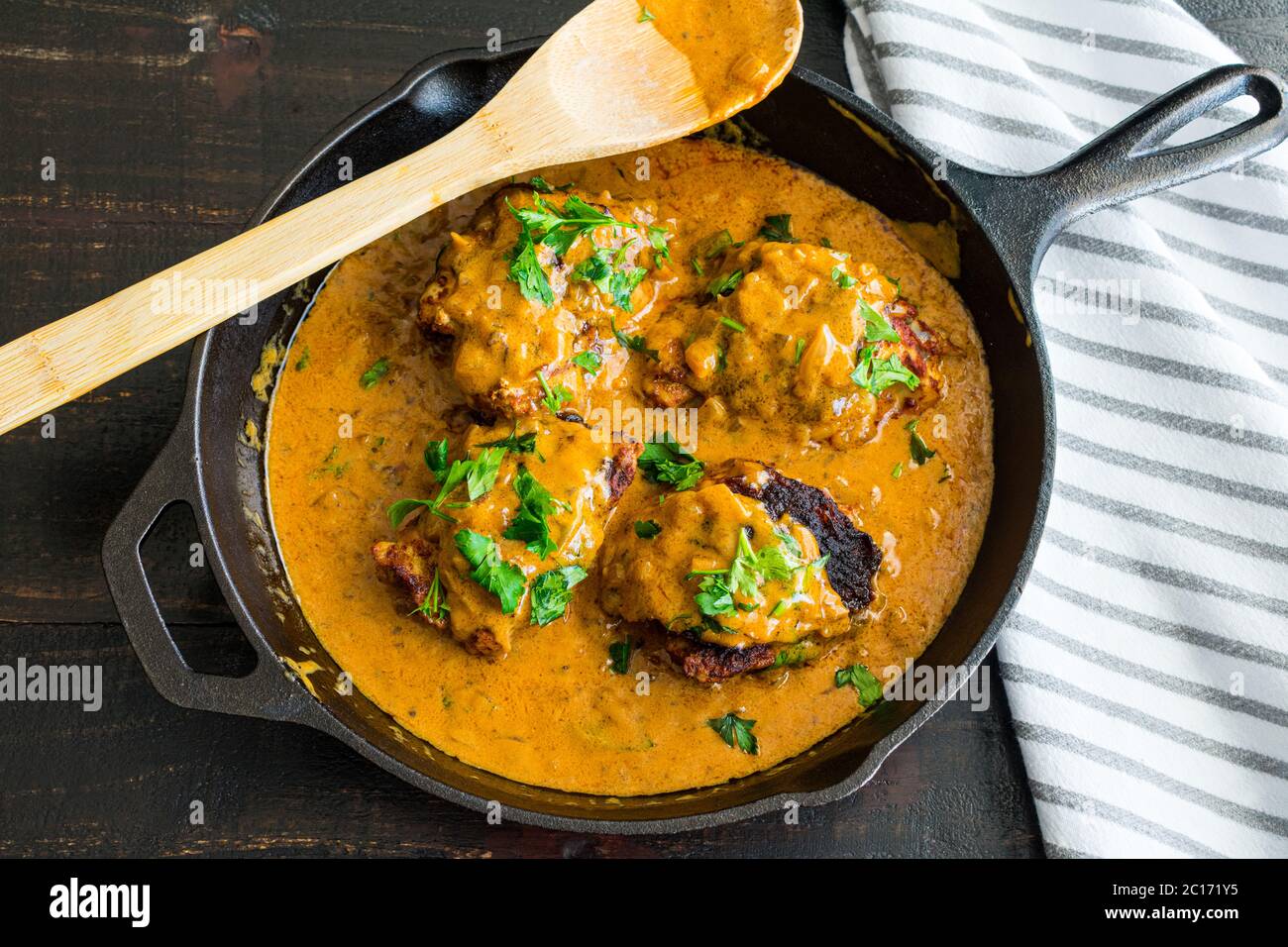Hungarian Chicken Paprikash: Chicken thighs in a creamy paprika and sour cream sauce Stock Photo