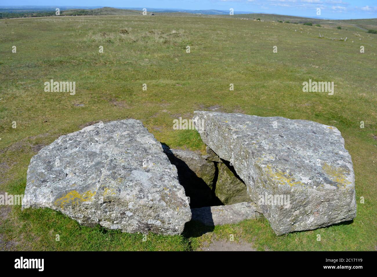 Stone cist, burial chamber associated with the Neolithic to Middle Bronze Age settlement site, Merrivale, Dartmoor National Park, Devon, UK Stock Photo