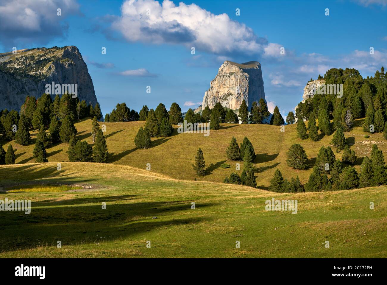 Mont-Aiguille and the Vercors High Plateaus in summer. Vercors Regional Natural Park, Isere, Rhone-Alpes, Alps, France Stock Photo