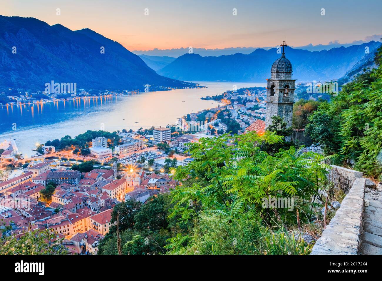 Kotor, Montenegro. Aerial view of Kotor Bay and Old Town at sunset. Stock Photo