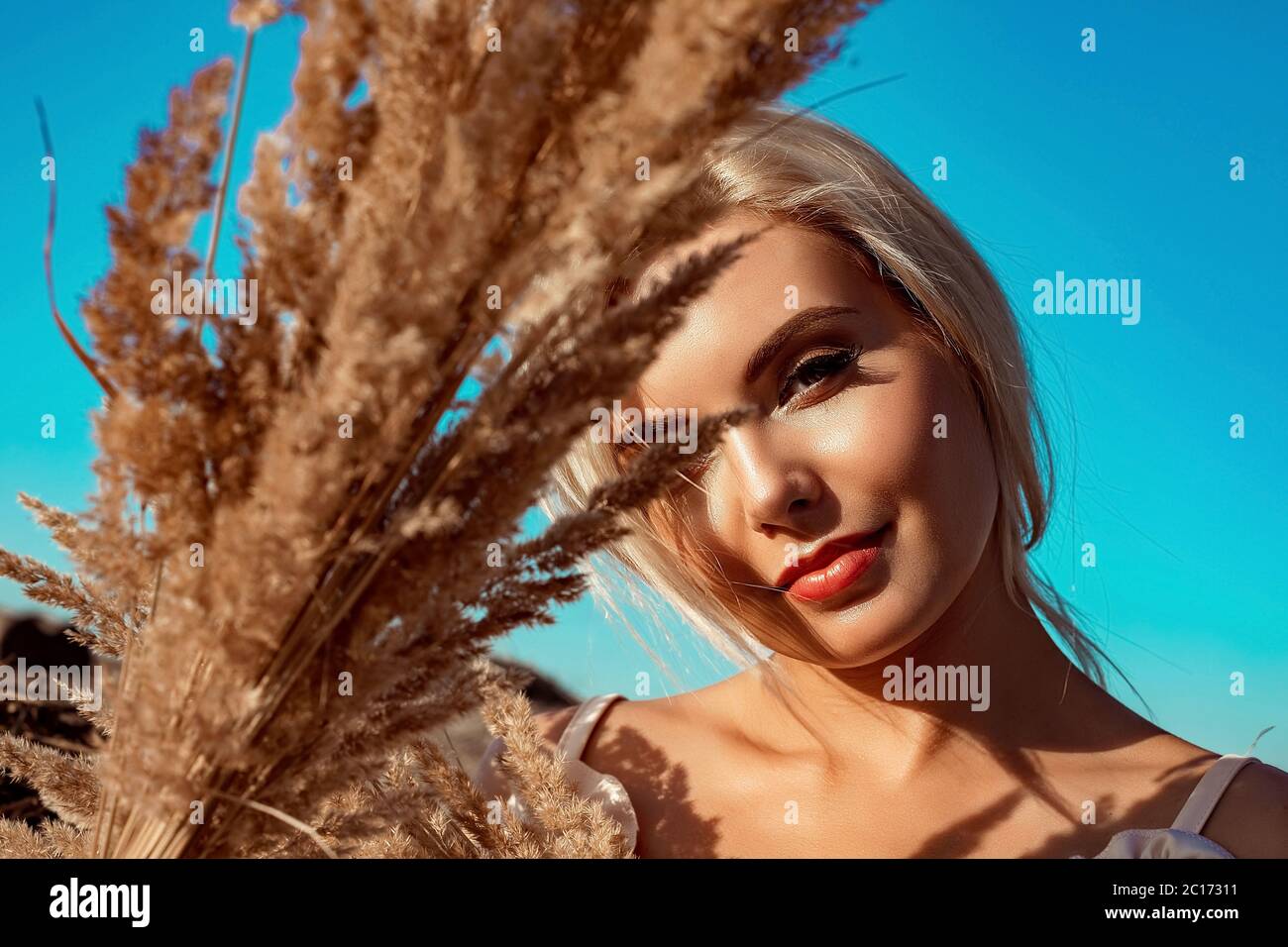 Portrait of a beautiful blonde girl with long hair in a field a sunny ...