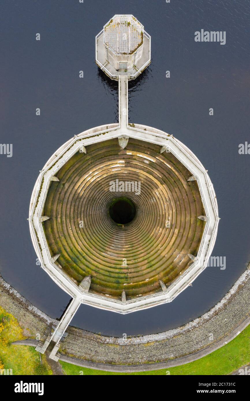 Aerial view of bellmouth spillway at Whiteadder reservoir in East