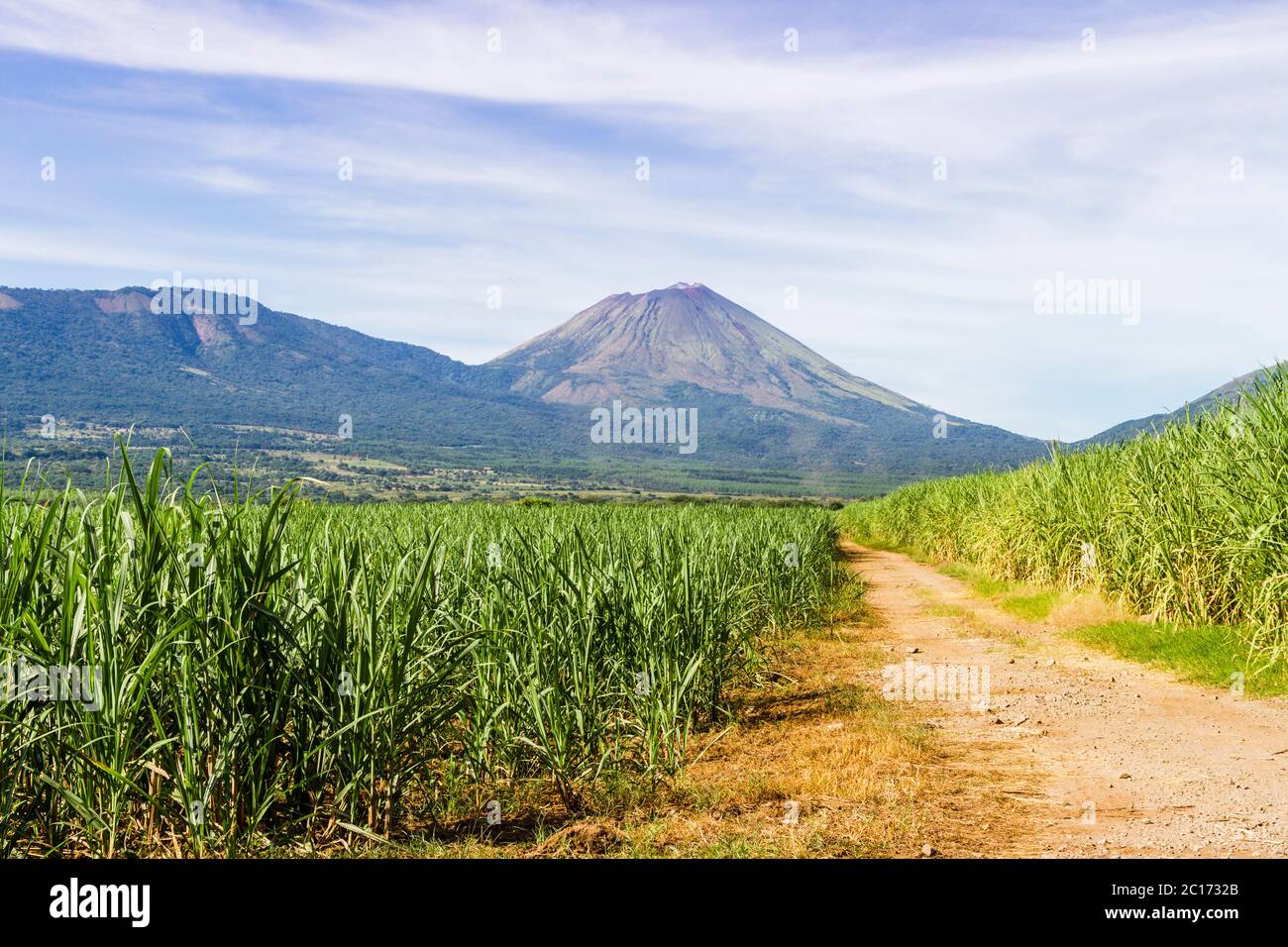 A dirt road leading to the end of a sugarcane field culminating towards a volcano in Nicaragua. - Stock Image