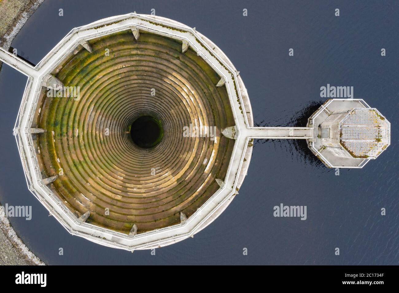 Aerial view of bellmouth spillway at Whiteadder reservoir in East