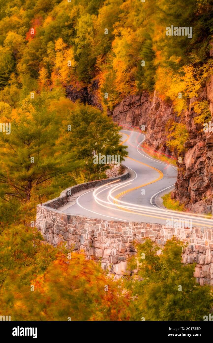 A snake like route along Delaware Water Gap River in autumn Stock Photo