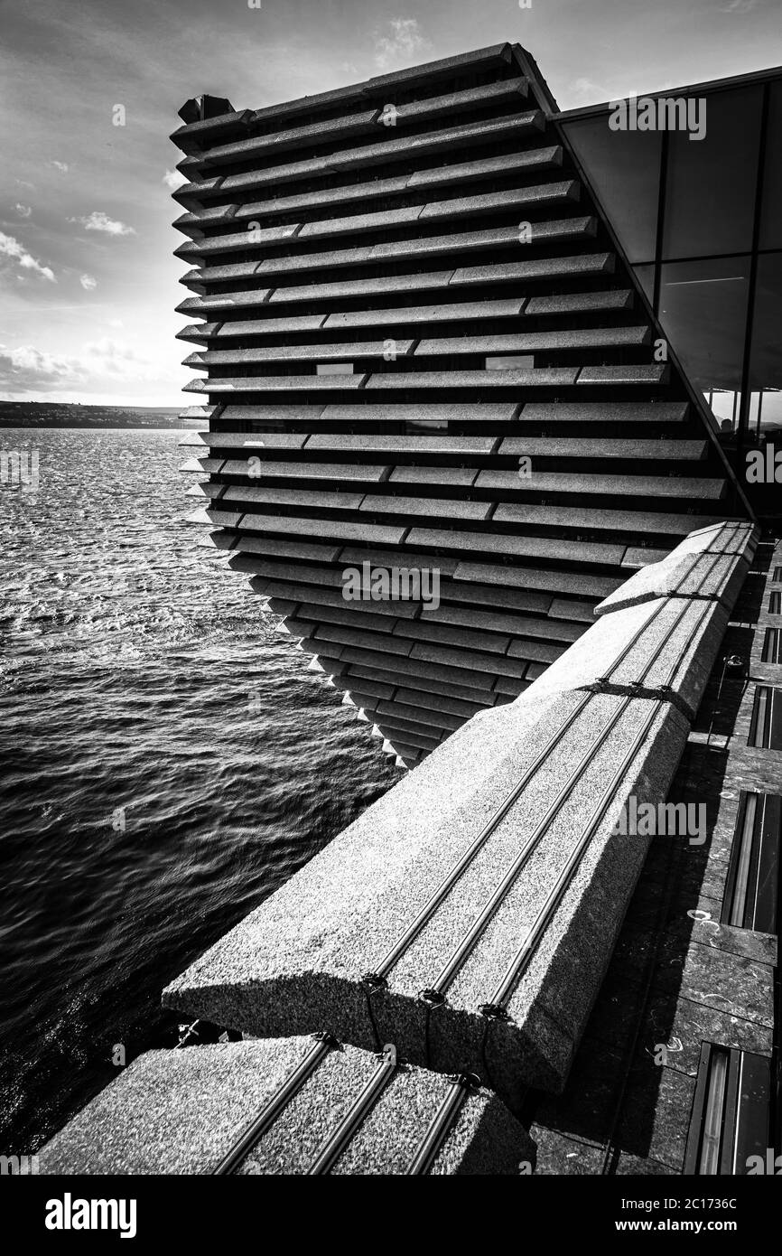 Monochrome (black and white) image of the south-east aspect of the V&A Dundee Building, Dundee, Scotland, United Kingdom. Stock Photo
