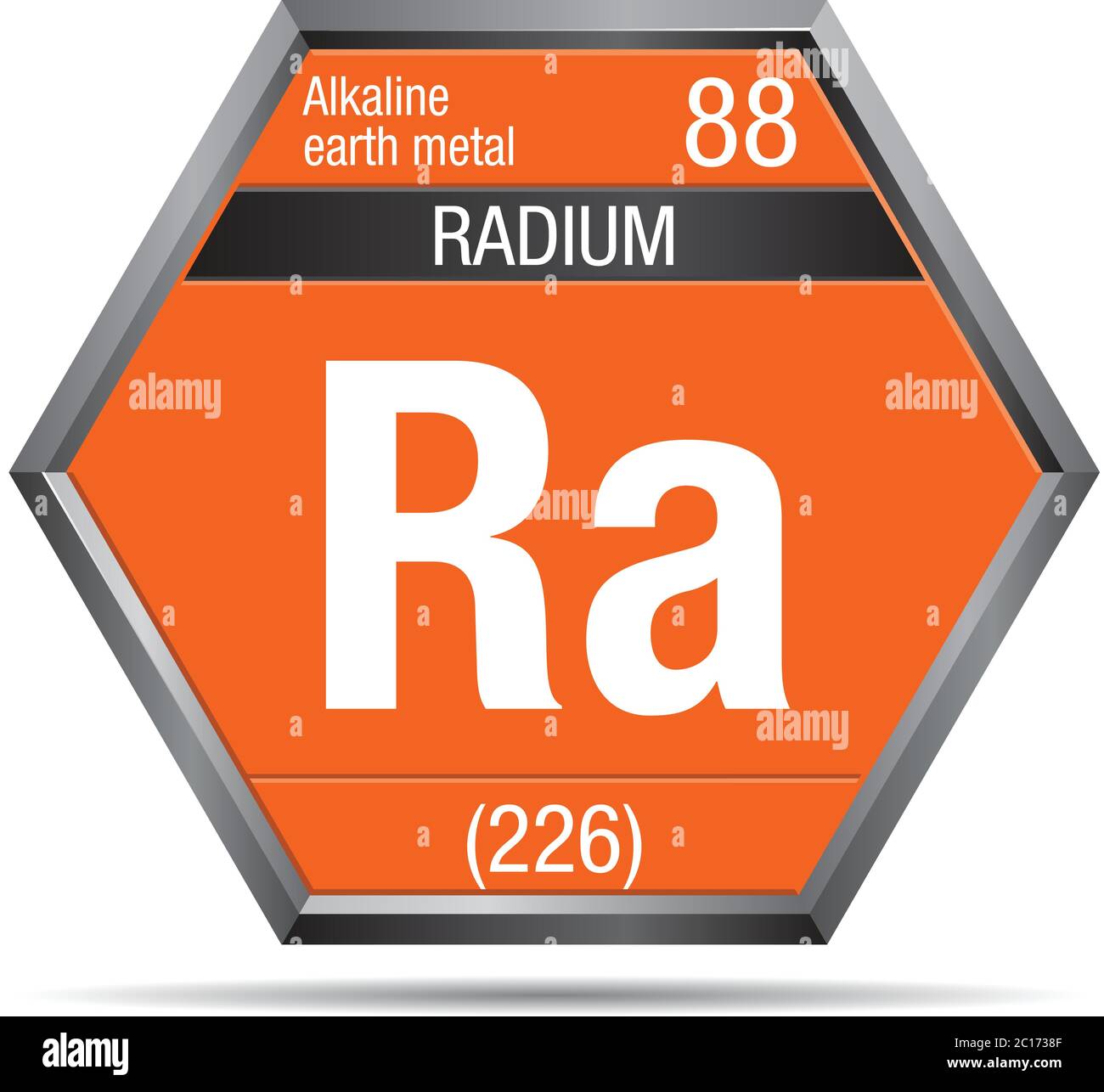 Radium symbol in the form of a hexagon with a metallic frame. Element number 88 of the Periodic Table of the Elements - Chemistry Stock Vector