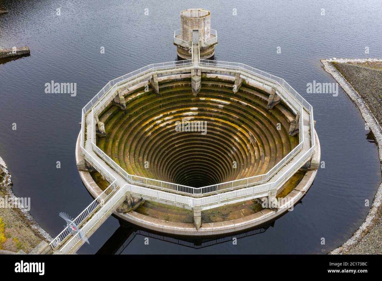 Aerial view of bellmouth spillway at Whiteadder reservoir in East