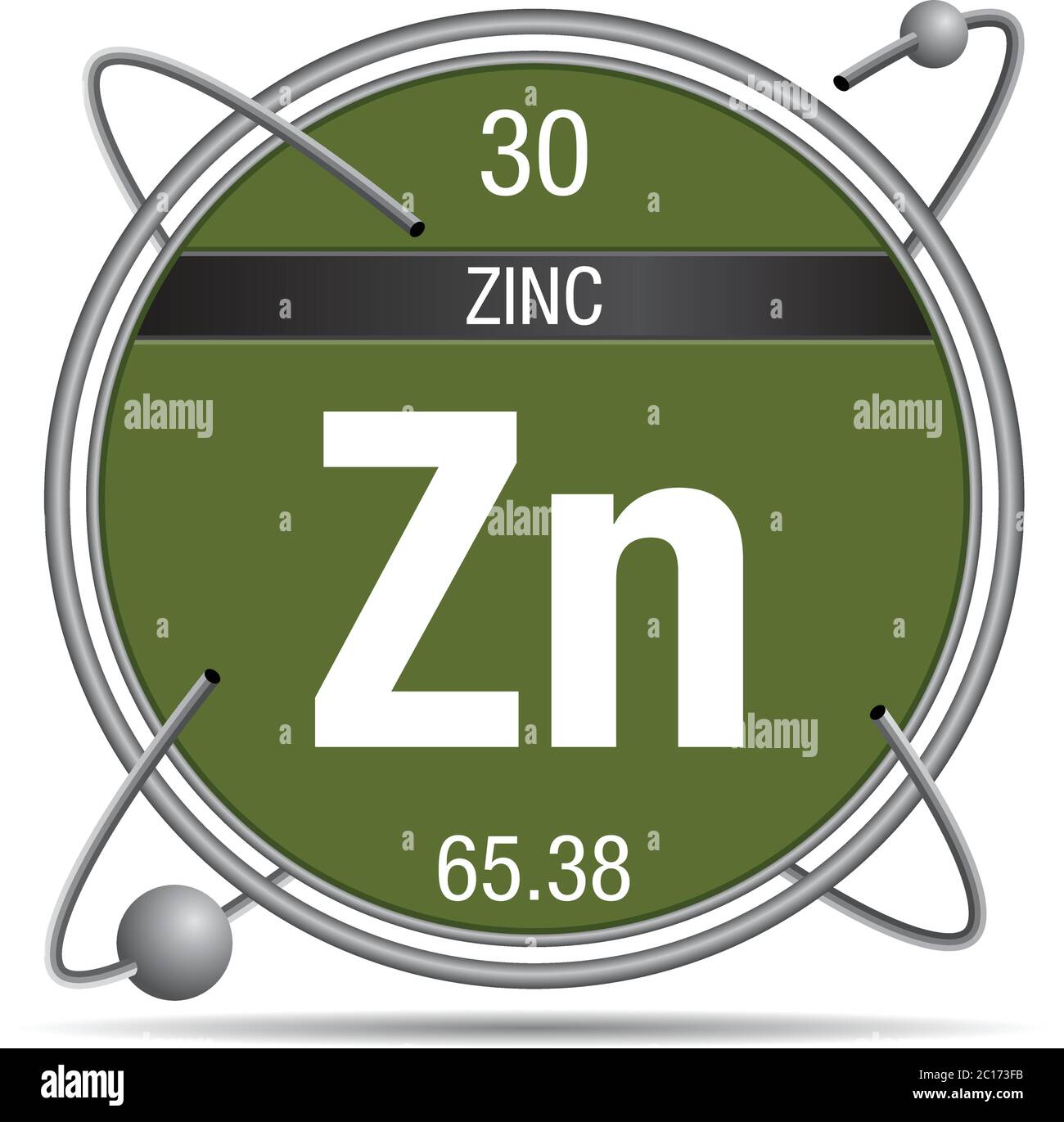 Zinc symbol inside a metal ring with colored background and spheres
