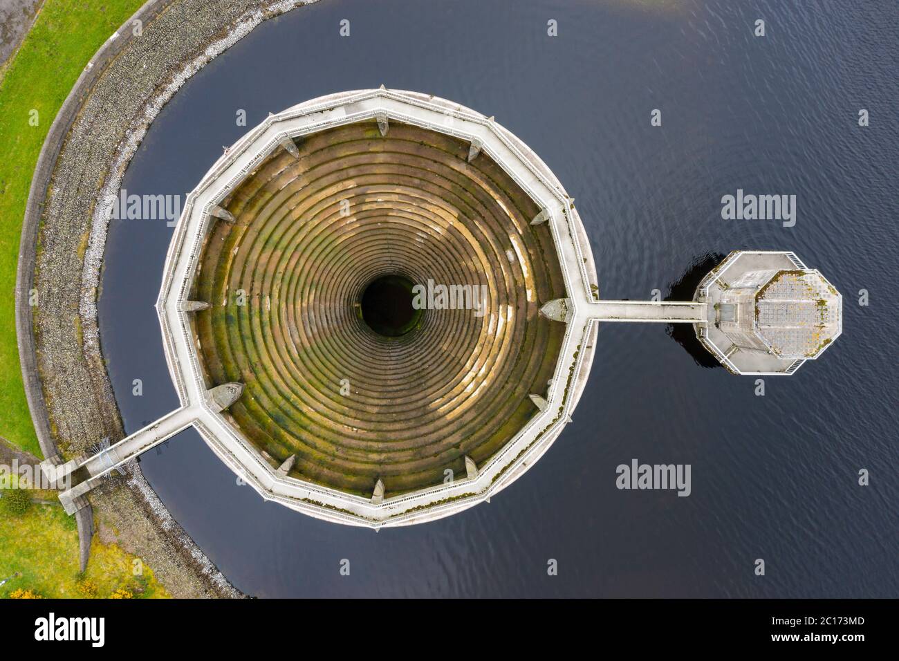 Aerial view of bellmouth spillway at Whiteadder reservoir in East Lothian. Scotland, UK. Stock Photo