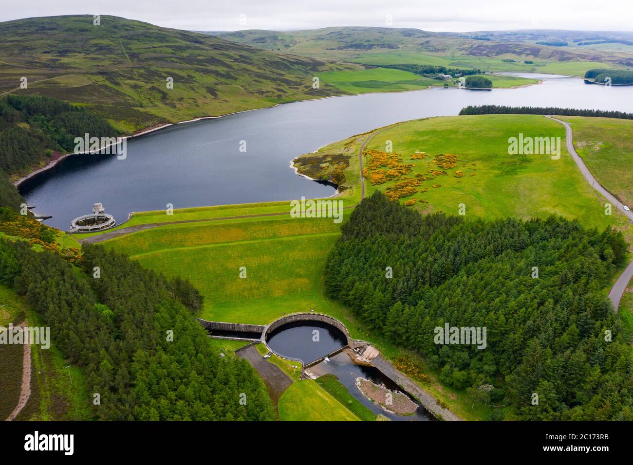 Aerial view of Whiteadder reservoir in East Lothian. Scotland, UK Stock