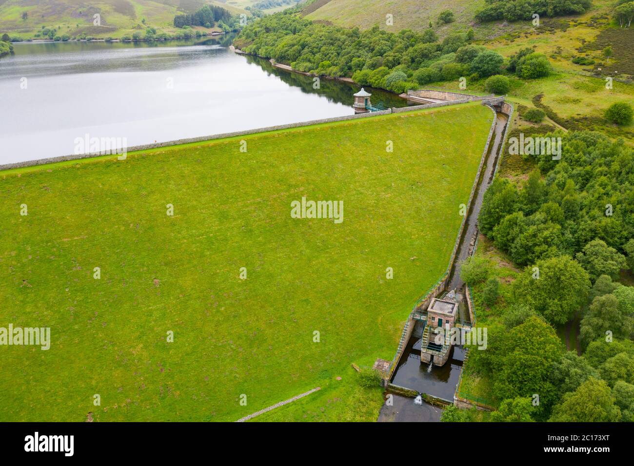 Aerial view of spillway at Hopes reservoir in East Lothian. Scotland, UK. Stock Photo