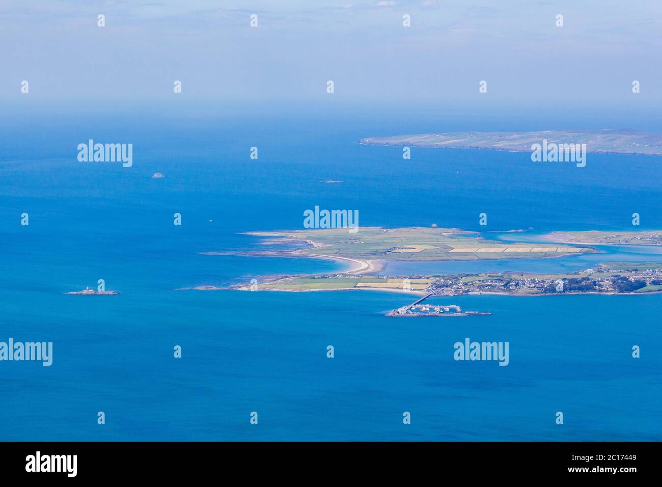 Aerial View of Fenit Pier, Fenit Island and Kerry Head on the Wild Atlantic Way in County Kerry, Ireland Stock Photo