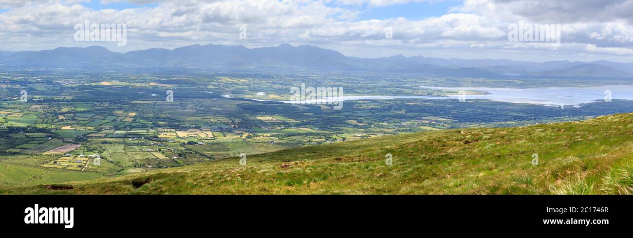 Panoramic View of Castlemaine Harbour and the Iveragh Peninsula from the Slieve Mish Mountains on the Wild Atlantic Way in County Kerry, Ireland Stock Photo