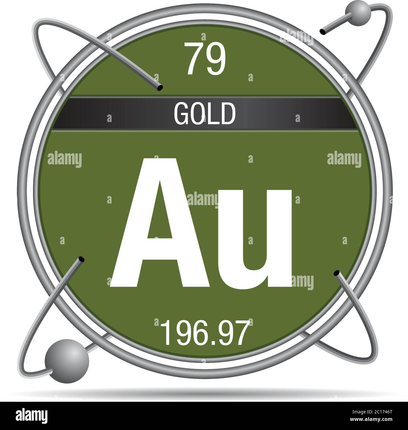 Gold symbol inside a metal ring with colored background and spheres orbiting around. Element