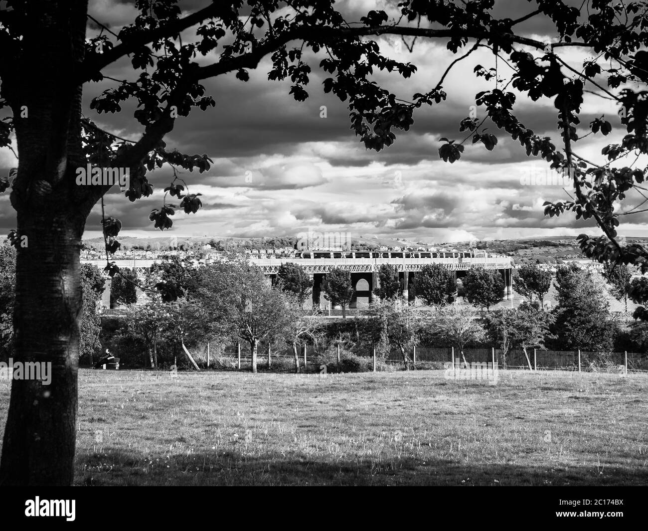 Monochrome image of the Tay Rail Bridge from Magdalen Green, Dundee, Scotland, United Kingdom. Stock Photo