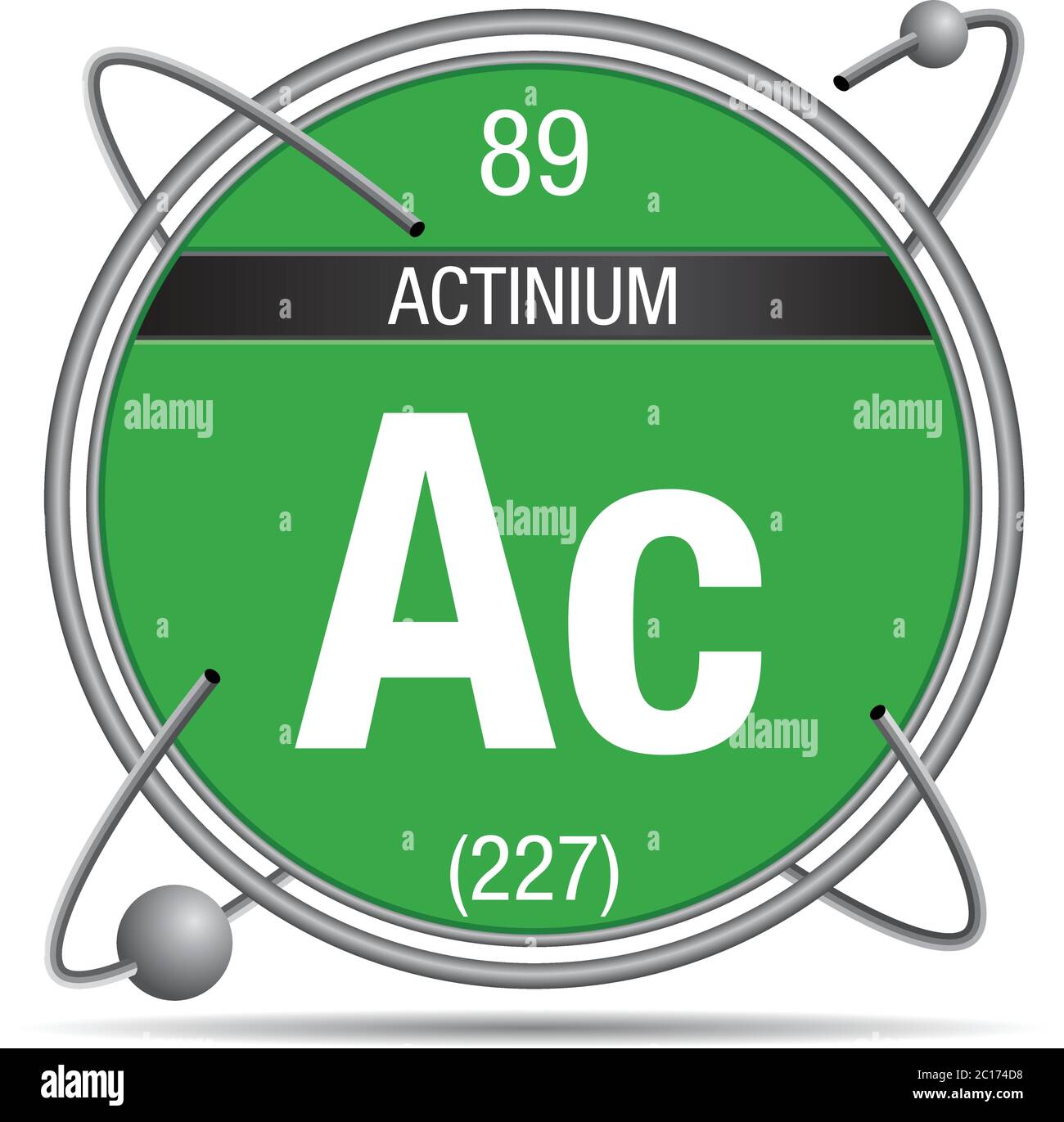 Actinium symbol inside a metal ring with colored background and spheres orbiting around. Element number 89 of the Periodic Table of the Elements Stock Vector