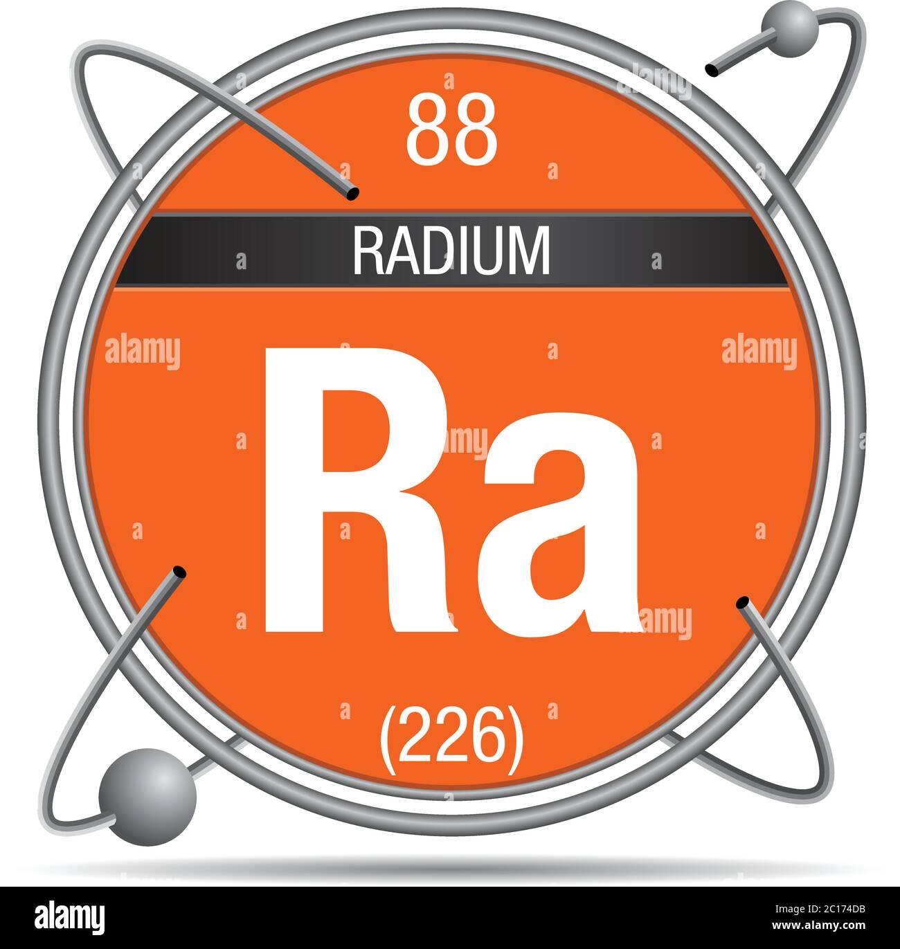 Radium symbol  inside a metal ring with colored background and spheres orbiting around. Element number 88 of the Periodic Table of the Elements Stock Vector