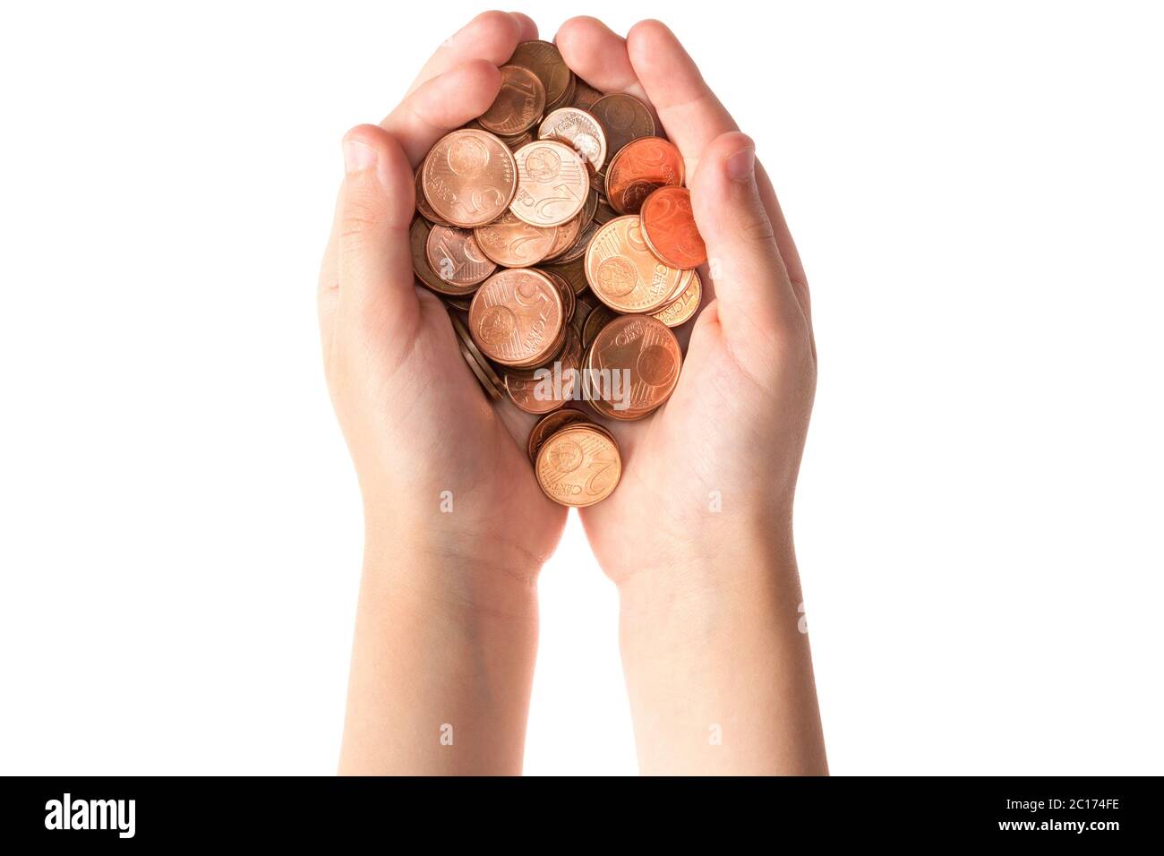 Child hands holding euro cent coins Stock Photo