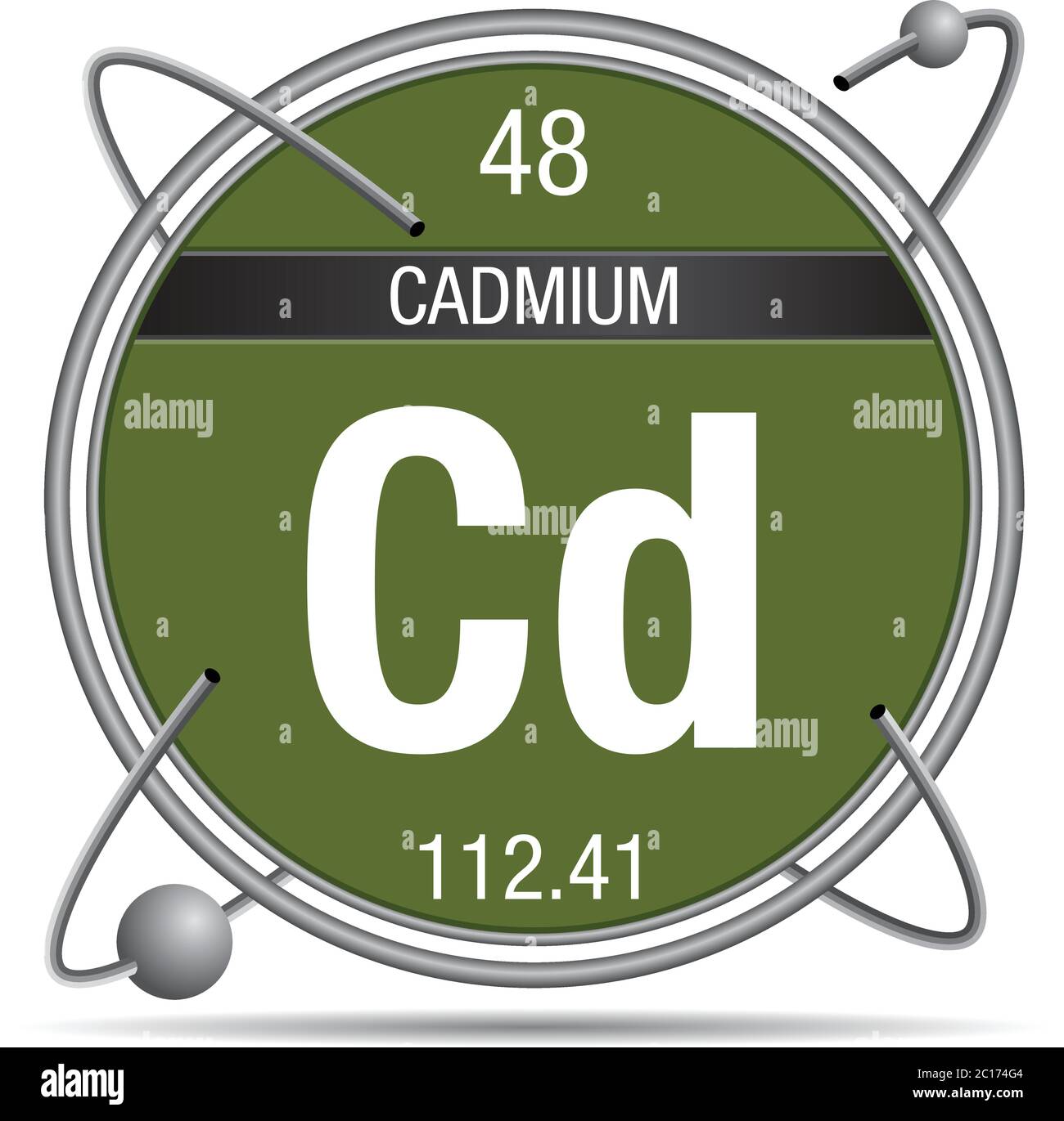 Cadmium symbol inside a metal ring with colored background and spheres